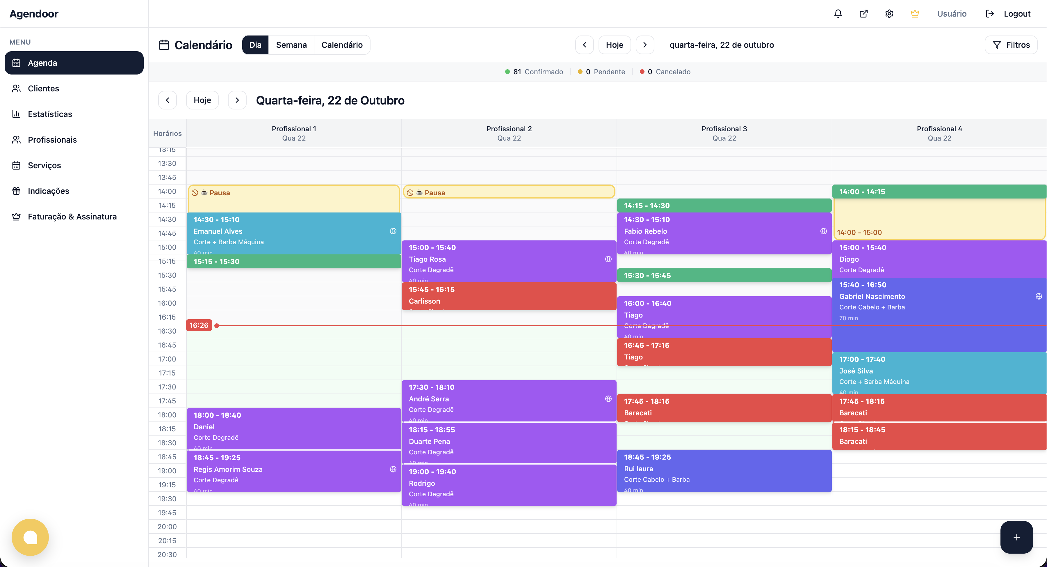 Painel da agenda no Agendoor